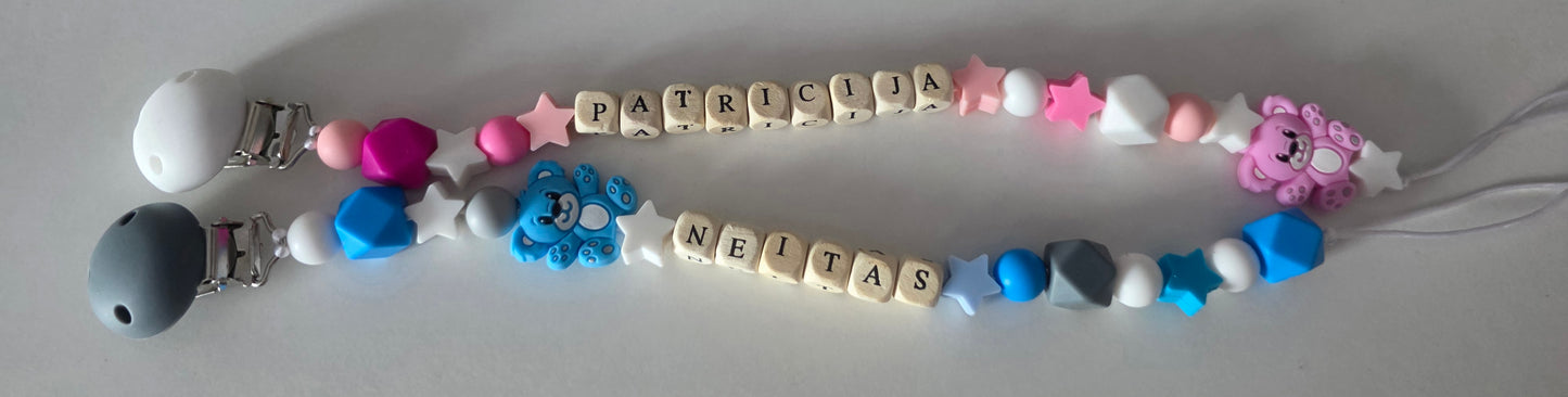 Kūdikių čiulptuko laikiklis su vardu arba inicialais