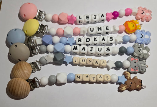 Kūdikių čiulptuko laikiklis su vardu arba inicialais